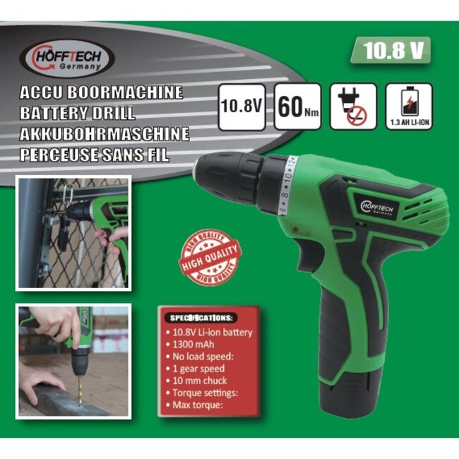 Hofftech Draadloze accuboormachine - 10.8V - Li-Ion - LED-verlichting - Antislip handvat