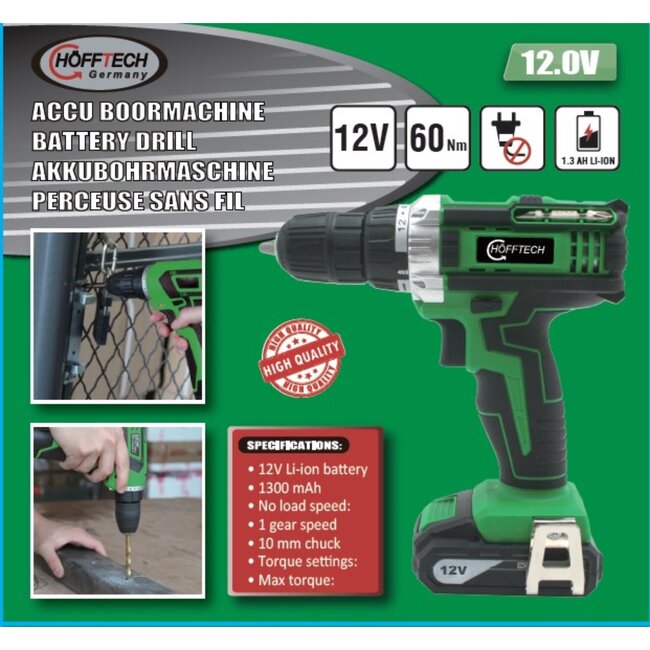 Hofftech Draadloze boormachine - 12V - LED-verlichting - Antislip handvat - 1,3 Ah Li-Ion accu