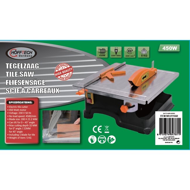 Hofftech Elektrische tegelzaag - watergekoeld - 450W - 33 x 33 cm - verstekzagen tot 45°