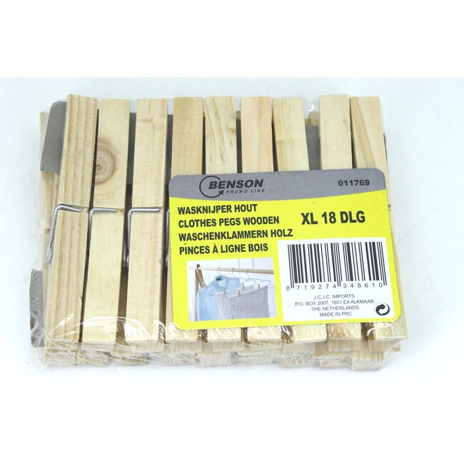 Benson Houten wasknijpers XXL - duurzaam berkenhout - set van 18 stuks - roestvrije veer