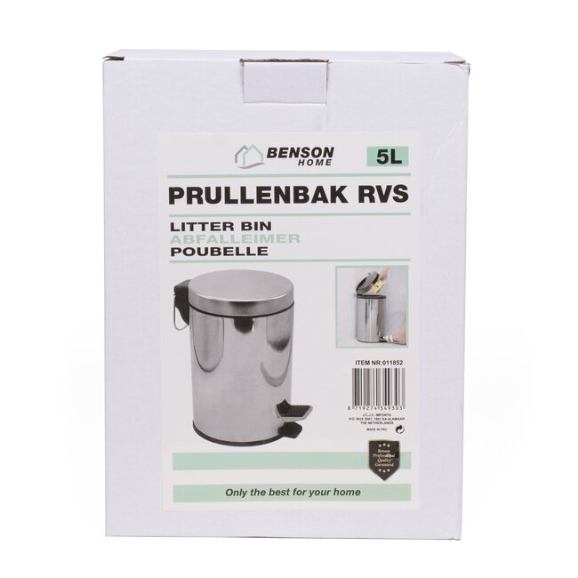 Benson Ronde pedaalemmer - RVS - vingerafdrukvrij - 5 liter - luxe uitstraling