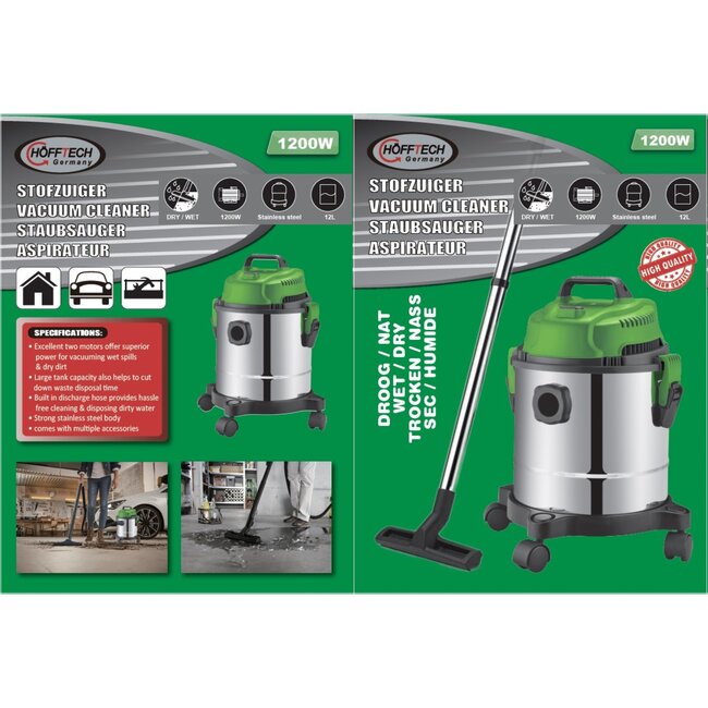 Hofftech Nat en droog stofzuiger - 1200W - 12 liter - met blaasfunctie - compact en lichtgewicht