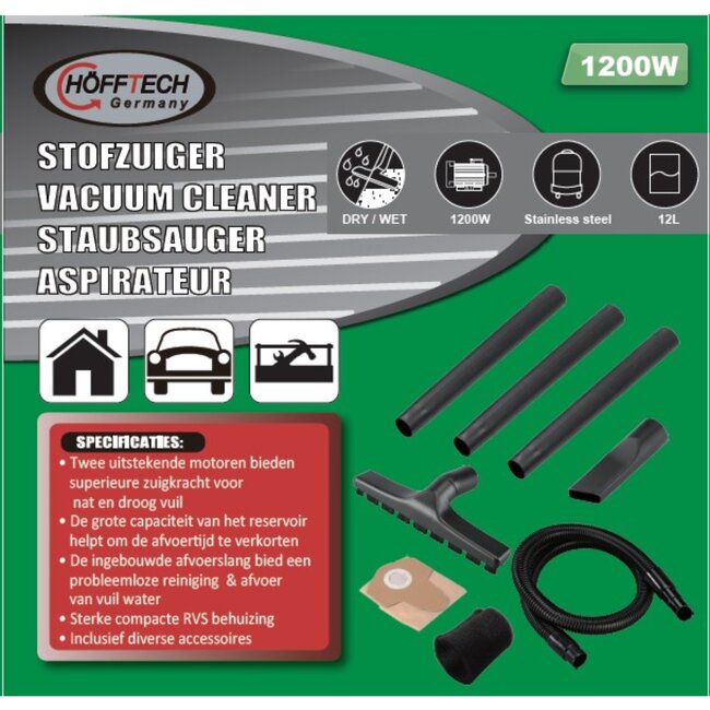 Hofftech Nat en droog stofzuiger - 1200W - 12 liter - met blaasfunctie - compact en lichtgewicht