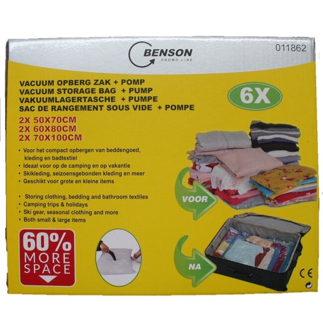 Benson Vacuüm opbergzakken - 6 stuks - inclusief pomp - ruimtebesparend - herbruikbaar