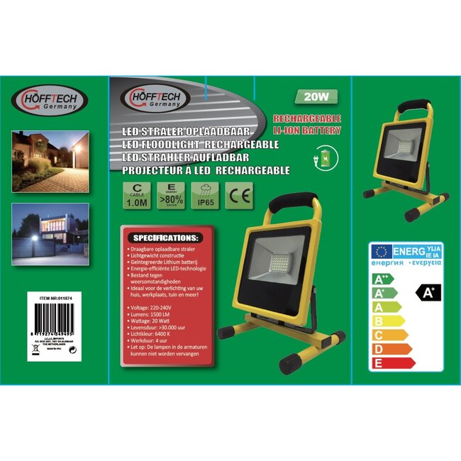 Hofftech Oplaadbare LED bouwlamp - 20W - 1500 lumen - IP65 - met autolader