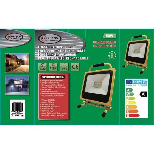 Hofftech Oplaadbare LED bouwlamp - 50 watt - 3500 lumen - waterdicht - met autolader