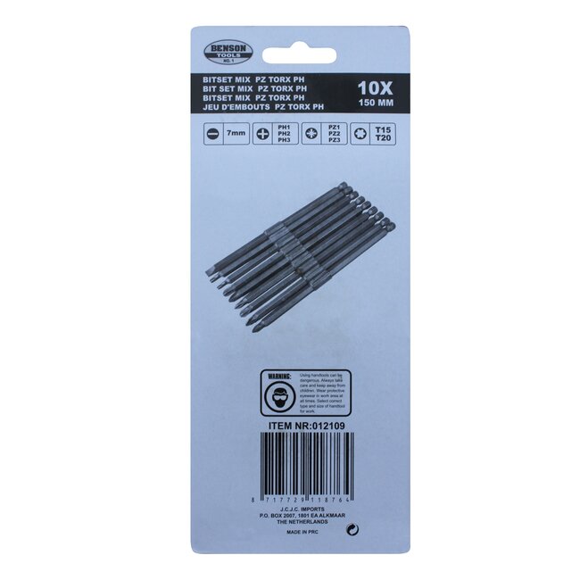Benson Lang bitset - PZ, PH en Torx - 150 mm - 10-delig - chroom vanadium staal