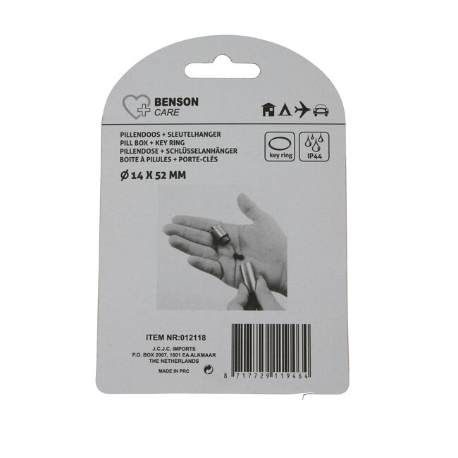 Benson Zilveren aluminium pillendoosje - waterdicht - met sleutelring - 52 x 14 mm