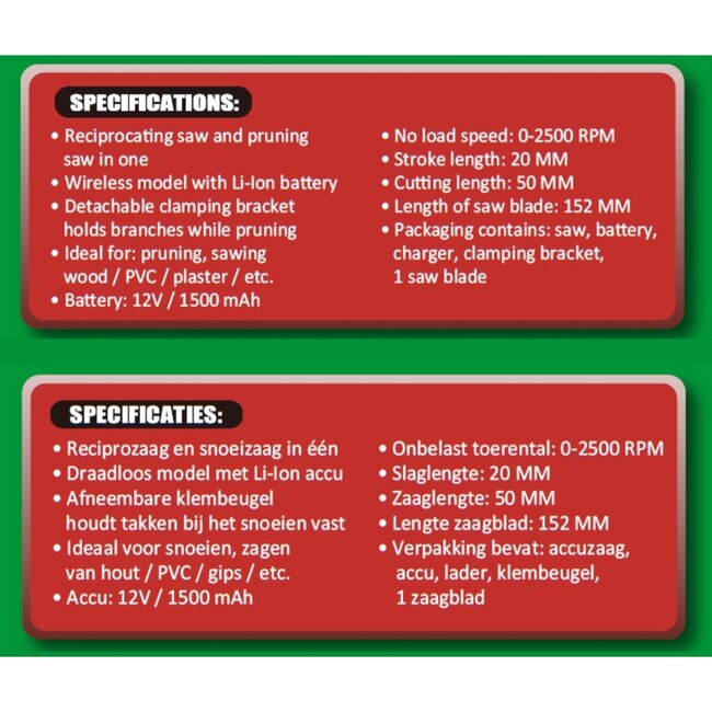 Hofftech Draadloze reciprozaag - 12V accu - Ergonomisch ontwerp - Inclusief accessoires