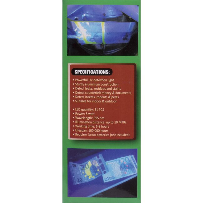 Hofftech UV zaklamp - 51 LED's - 5 Watt - robuust aluminium - veelzijdig gebruik