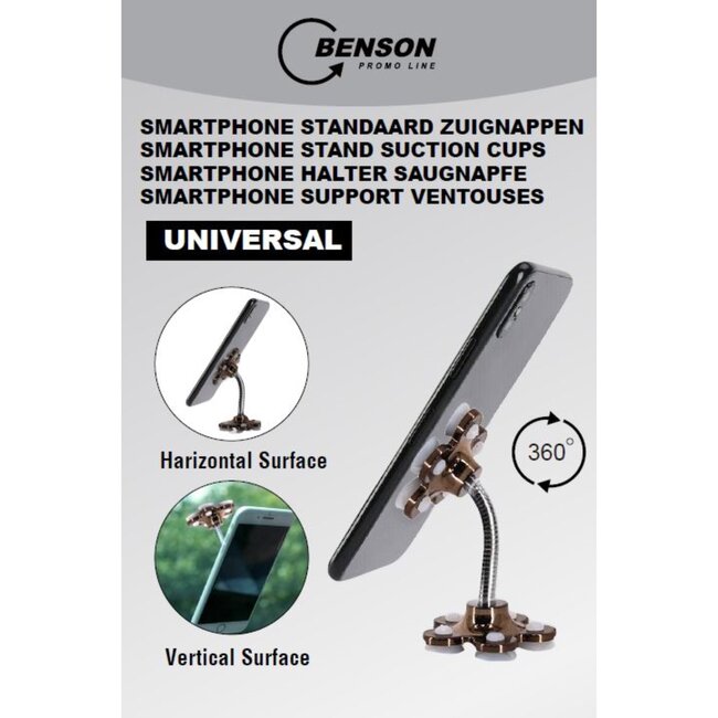 Benson Flexibele telefoonhouder - 360 graden draaibaar - Zuignap - Zwart - Universeel