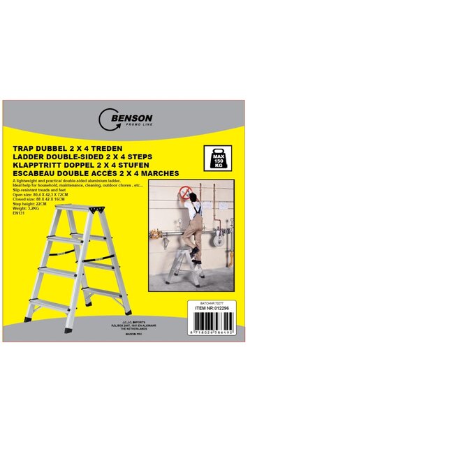 Benson Dubbelzijdige aluminium trap - 2 x 4 treden - antislip - max 150 kg - inklapbaar