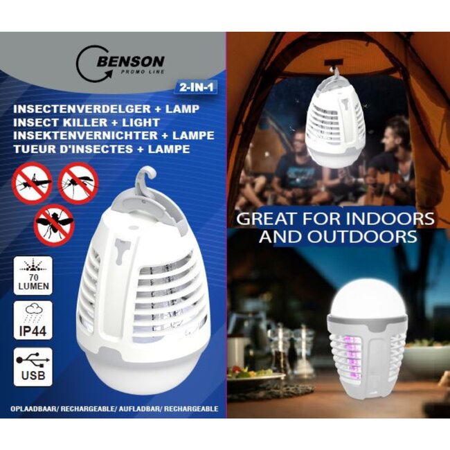 Benson Camping- en insectenlamp - oplaadbaar - waterproof - 2-in-1 - 14.9 x 9.2 cm