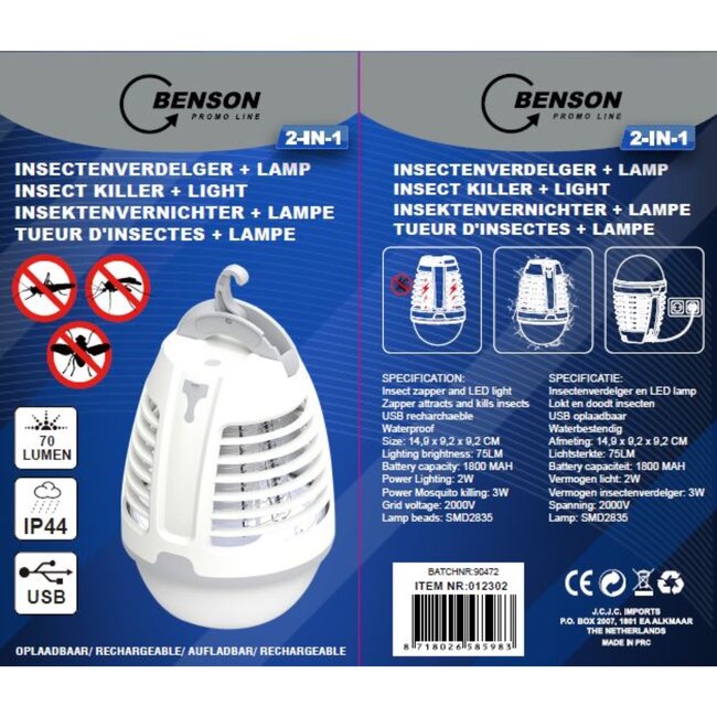 Benson Camping- en insectenlamp - oplaadbaar - waterproof - 2-in-1 - 14.9 x 9.2 cm