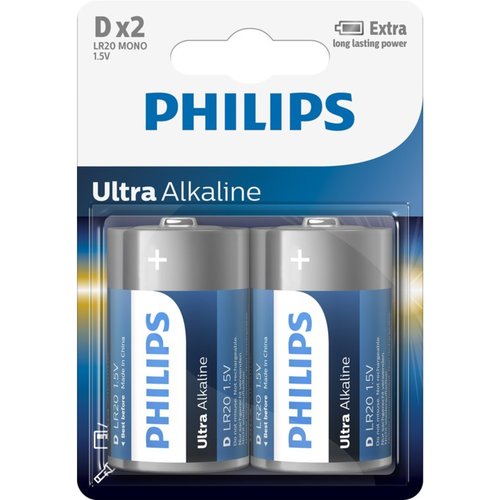 Philips Ultra Alkaline Batterijen D 2 stuks in Blister Philips Ultra Alkaline Batterijen D 2 stuks in Blister