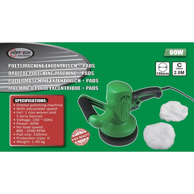 Hofftech Excentrische poetsmachine - 60W - Ø150 mm - Inclusief pads - Lichtgewicht - Gebruiksvriendelijk