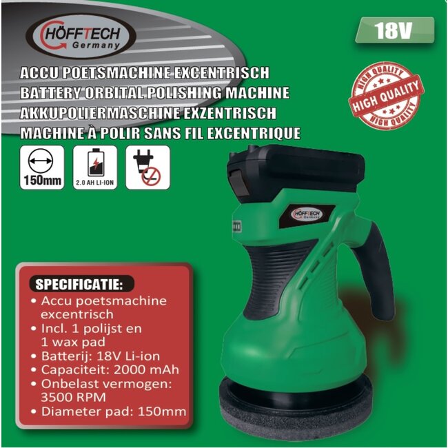 Hofftech Excentrische accu poetsmachine - 18V Li-Ion - 150 mm - Draadloos - Voor auto, motor, boot en caravan