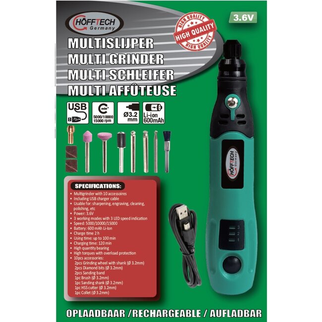 Hofftech Multislijper - 10 Opzetstukken - USB Oplaadbaar - Groen