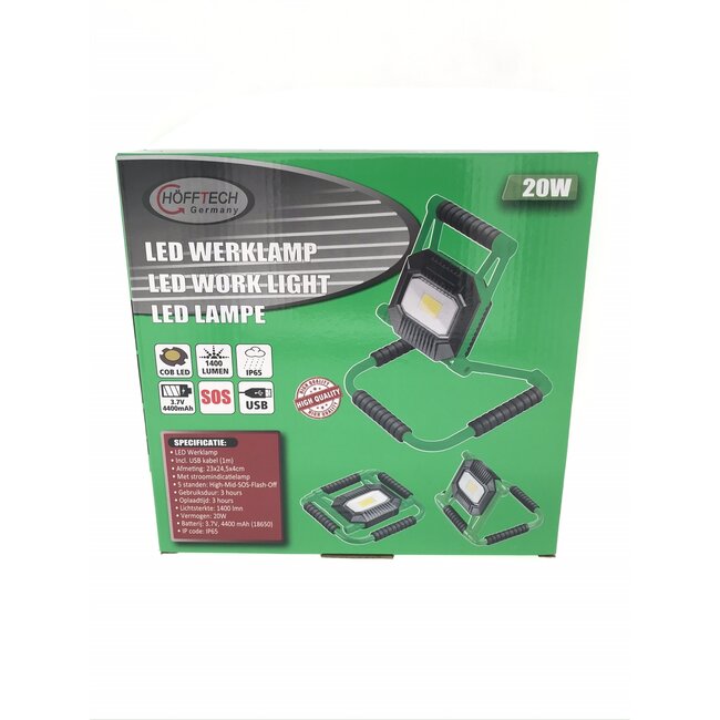 Hofftech Krachtige LED bouwlamp - 20W - 1400 lumen - waterdicht IP65 - oplaadbaar - 3 uur werktijd