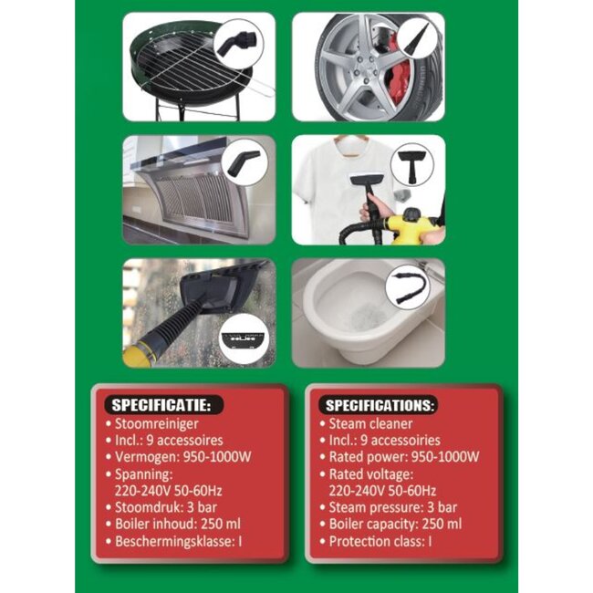 Benson Stoomreiniger - 1000 Watt - 9 Accessoires - 250ML Reservoir - 3 Bar Druk