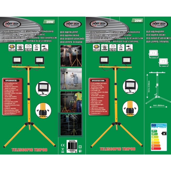 Hofftech LED bouwlampen - 2 x 20W - 6000K - IP65 - met driepootstatief - verstelbare hoogte