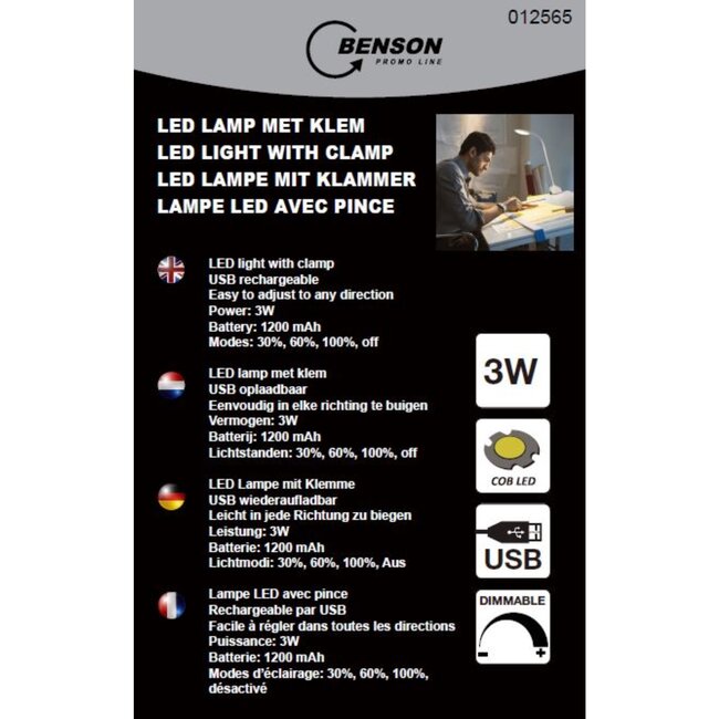 Benson Oplaadbare LED-lamp met klem - 3 dimstanden - 3 watt - flexibele hals