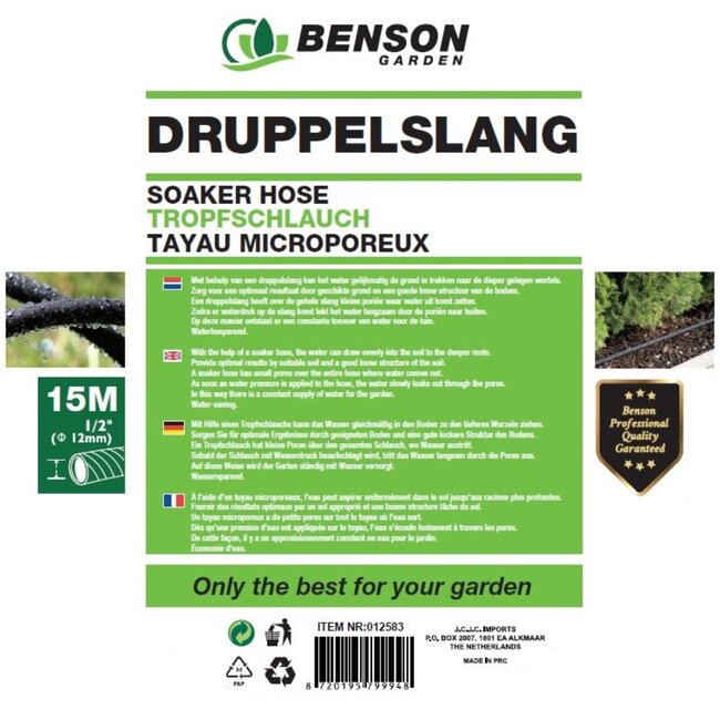 Benson Druppelslang - 15 meter - Inclusief koppeling - Waterbesparend - Constante watertoevoer