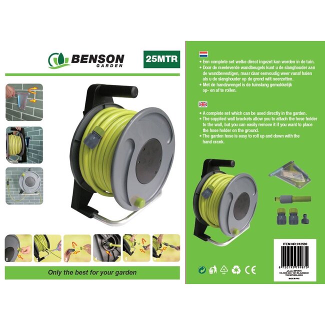 Benson Slanghaspel set - 2-in-1 - 25 meter - Inclusief wandbeugels en handzwengel