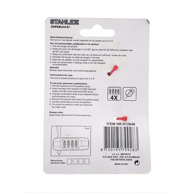 Stahlex Beugel-cijferslot - 4-cijferig - Grote buttons - 75 x 100 mm - Zwart