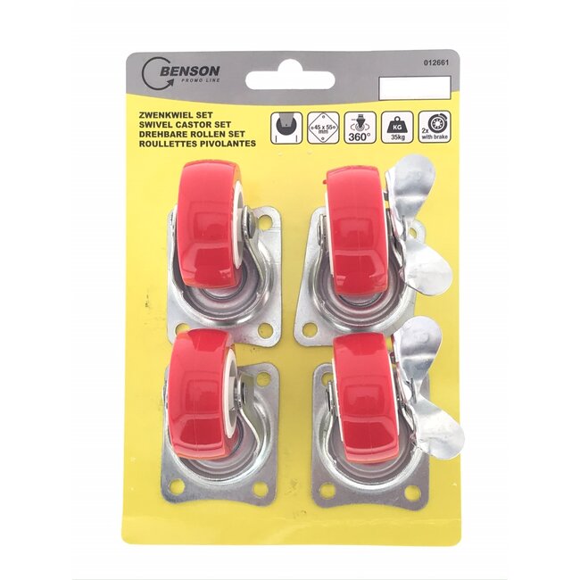 Benson Zwenkwielen set - geremd en ongeremd - 50 mm - rood - 4 stuks
