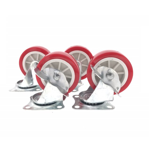 Benson Zwenkwielen set - 2 geremd, 2 ongeremd - 75 mm - rood - 4 stuks