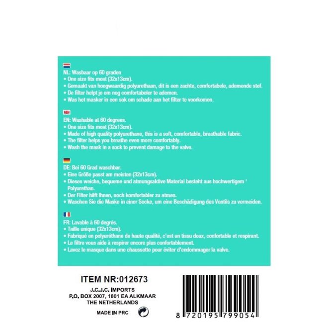 Benson Zwart mondkapje met ademfilter - herbruikbaar en comfortabel - 32x13 cm