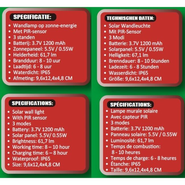 Hofftech Solar LED wandlamp - met PIR sensor - IP65 - weerbestendig - oplaadbaar