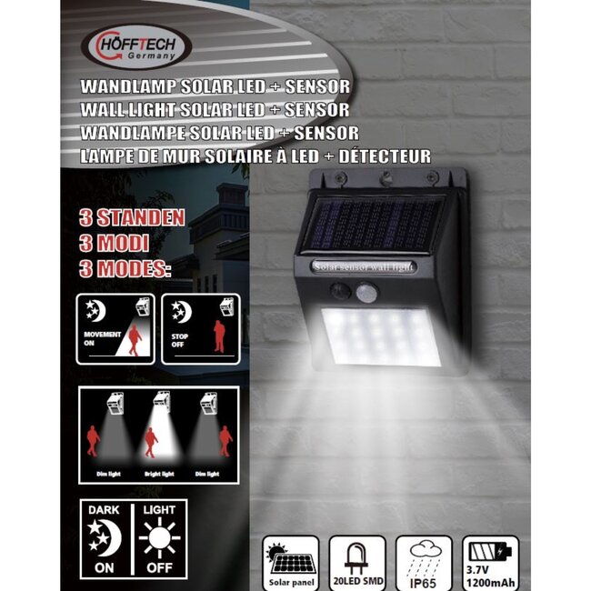 Hofftech Solar LED wandlamp - met PIR sensor - IP65 - weerbestendig - oplaadbaar