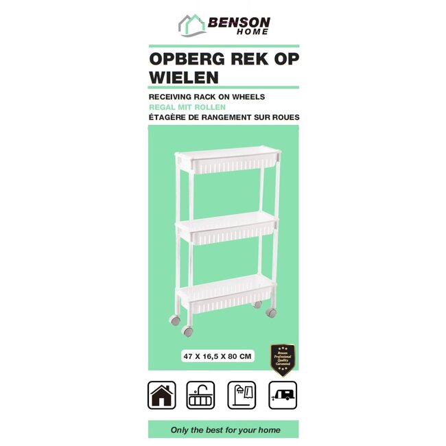 Benson Opbergrek op wielen - 3 niveaus - compact - 47 x 16.5 x 80 cm - wit