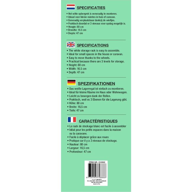 Benson Opbergrek op wielen - 3 niveaus - compact - 47 x 16.5 x 80 cm - wit