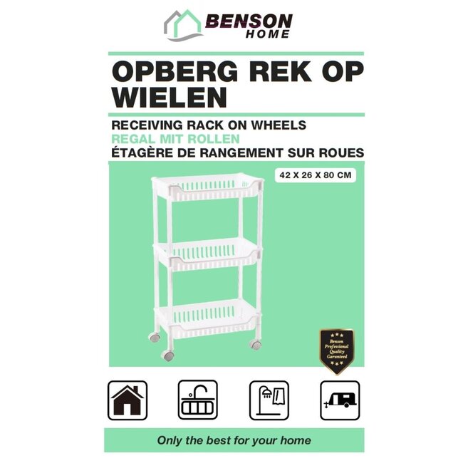 Benson Opbergrek op wielen - 3 niveaus - compact - 42 x 26 x 80 cm - wit