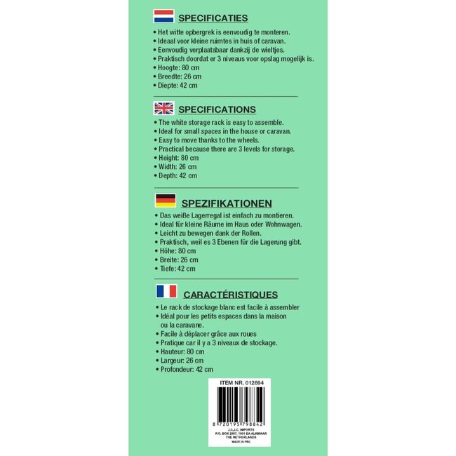 Benson Opbergrek op wielen - 3 niveaus - compact - 42 x 26 x 80 cm - wit