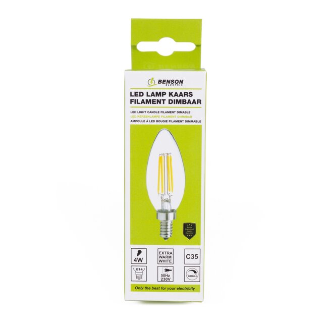 Benson Dimbare LED filament kaarslamp - 4W - warmwit 2500K - E14 - 230V