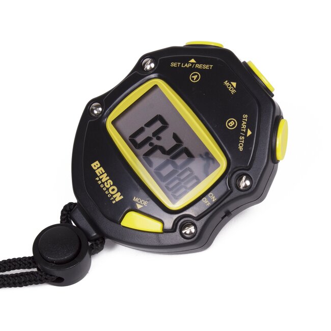 Benson Precisie Stopwatch - Sporttimer - 1/100 sec - Alarm - Klokfunctie - Zwart/Geel