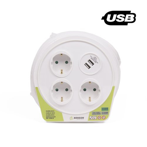 Benson Stekkerdoos - 10 meter - met Randaarde Stekker - 16A - 220 Volt - 2 USB Aansluitingen - Wit Benson Stekkerdoos - 10 meter - met Randaarde Stekker - 16A - 220 Volt - 2 USB Aansluitingen - Wit