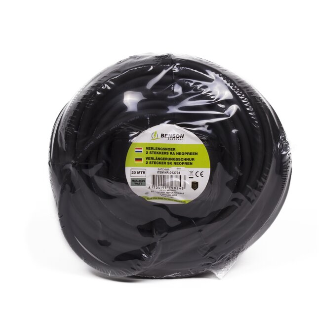 Benson Verlengsnoer - 20 meter - met randaarde - 16A - 230 V - zwart