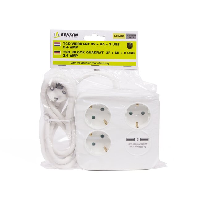Benson Stekkerdoos - 3 Stopcontacten - 2 USB-poorten - 1,5 meter kabel - Wit