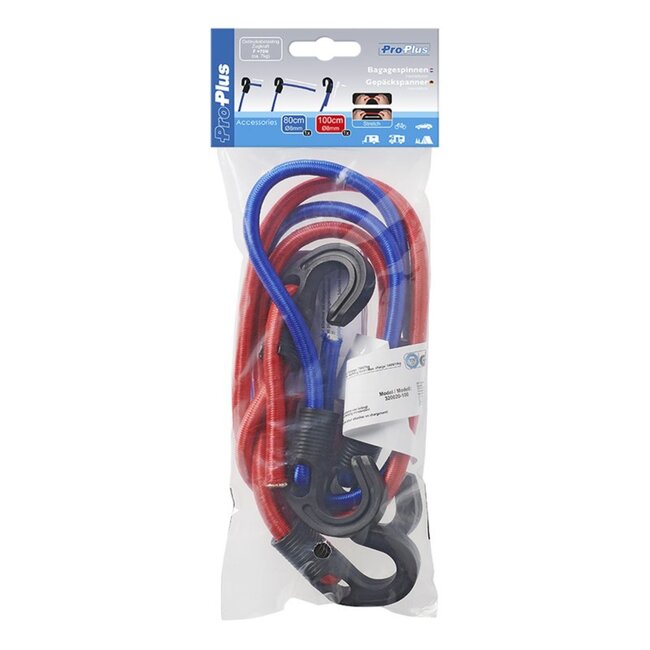 ProPlus Verstelbare bagagespinnen - set van 2 - stretchbaar - Ø 8 mm - 80 en 100 cm - rood en blauw