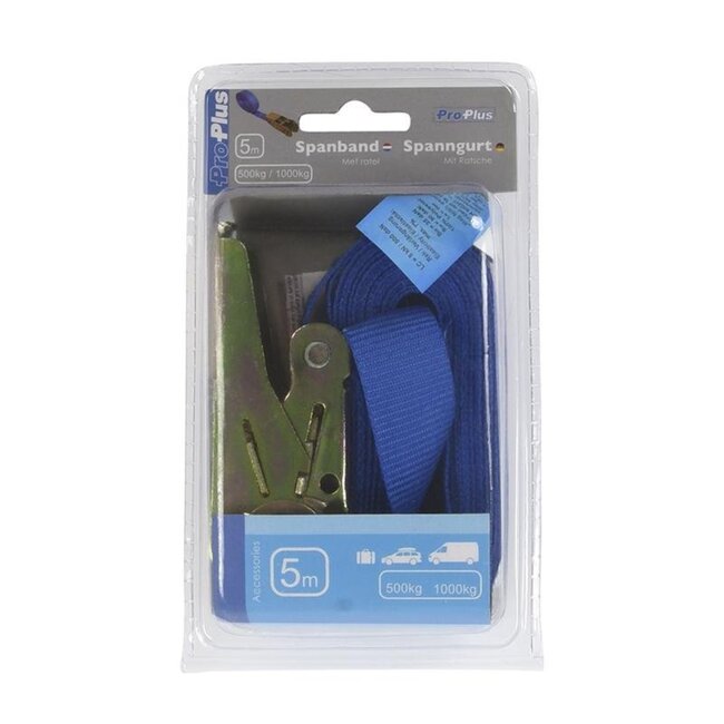 ProPlus Spanband met ratel - Blauw - 25 mm breed - 5 meter lang - Max. belasting 500 kg
