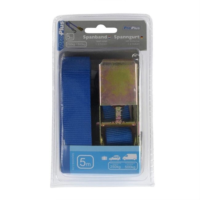 ProPlus Spanband met ratel - 5 meter - 25 mm breed - Inclusief 2 haken - Blauw