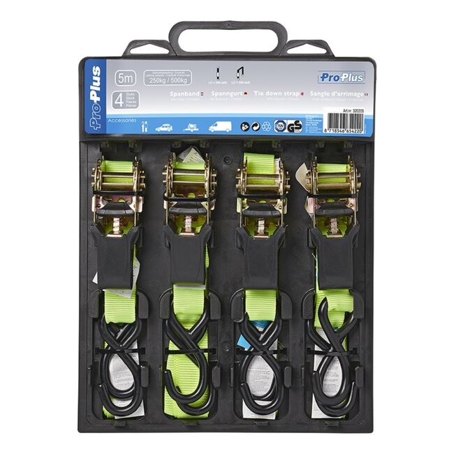 ProPlus Spanband met ratel - 5 meter - 25 mm breed - set van 4 - groen