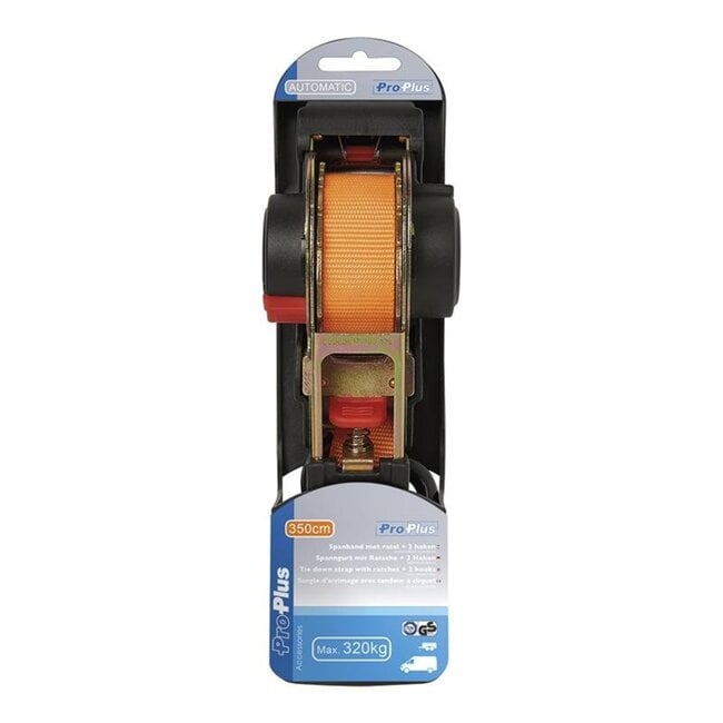 ProPlus Spanband met ratel - Automatisch oprollend - 2 haken - 25 mm x 3,5 m - Oranje