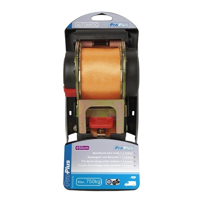 ProPlus Spanband met ratel - Automatisch oprollend - 2 sterke haken - 450 cm - Oranje