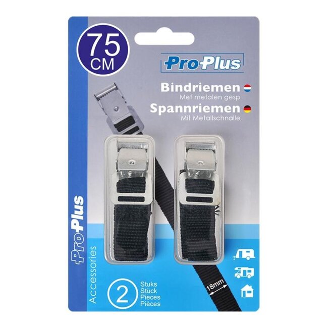 ProPlus Bindriemen met metalen gesp - 18 mm x 75 cm - zwart - set van 2